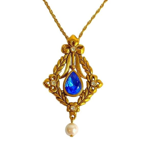 Victorian Revival Necklace Gold Tanzanite Pearl Vintage Avon Elizabeth Taylor - Picture 1 of 8